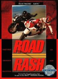 Cover of 'Road Rash' video game with a motorcycle racer on a red background
