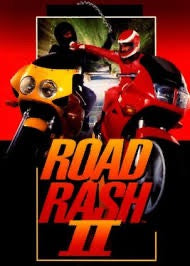 Poster for 'Road Rash II' with a character on a motorcycle against a red background