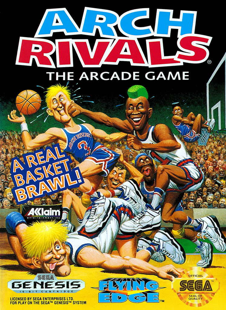 Vintage video game cover for 'Arch Rivals' featuring animated basketball players in a争斗场景.