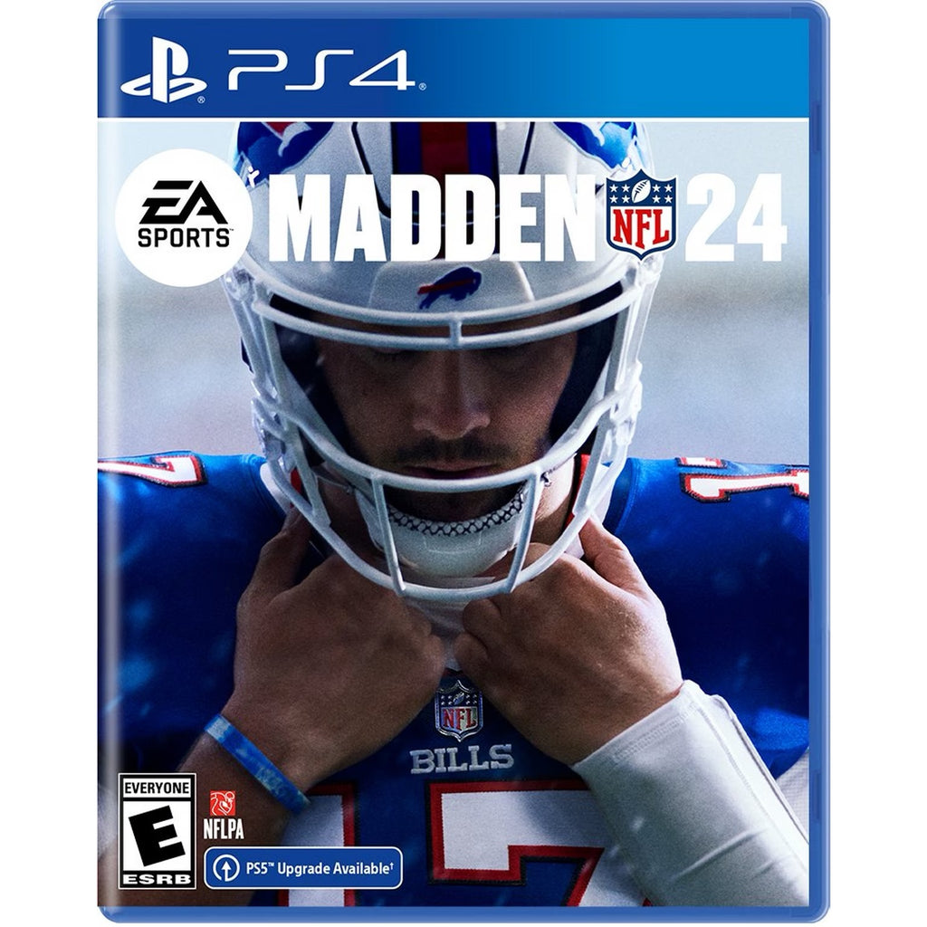 Madden NFL 24 game cover for PS4 with a football player adjusting his helmet.