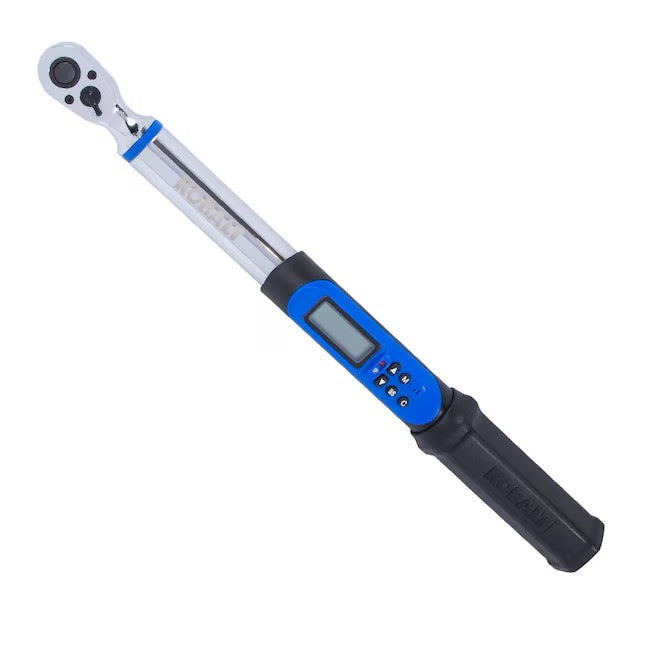 Digital torque wrench with black and blue design on a white background
