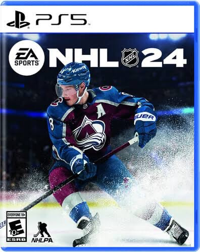 PlayStation 5 game disc cover for NHL 24 featuring a hockey player in action.