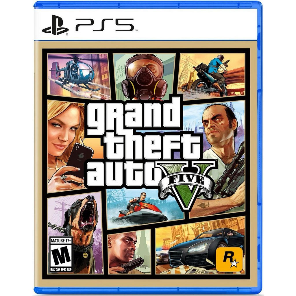 Grand Theft Auto V game case for PS5 with various characters and scenes on a beige background