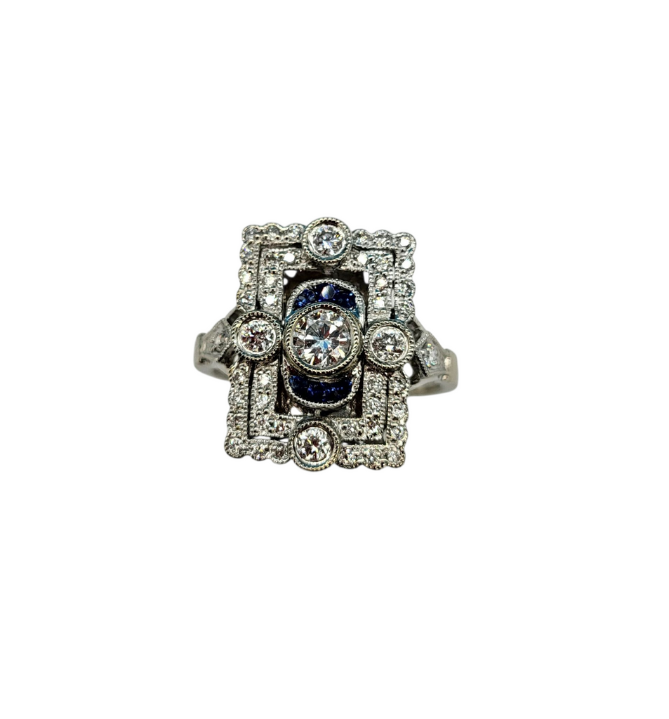 Art Deco 1 Carat Total Weight Diamond and Sapphire Ring