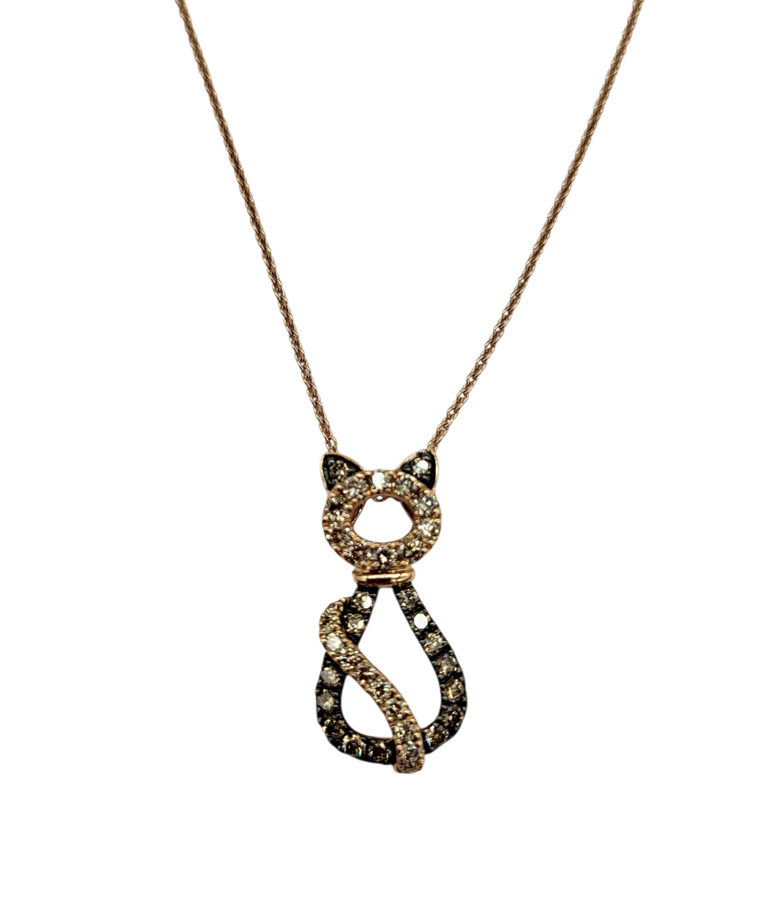 Cat-shaped pendant necklace with diamond accents on a white background