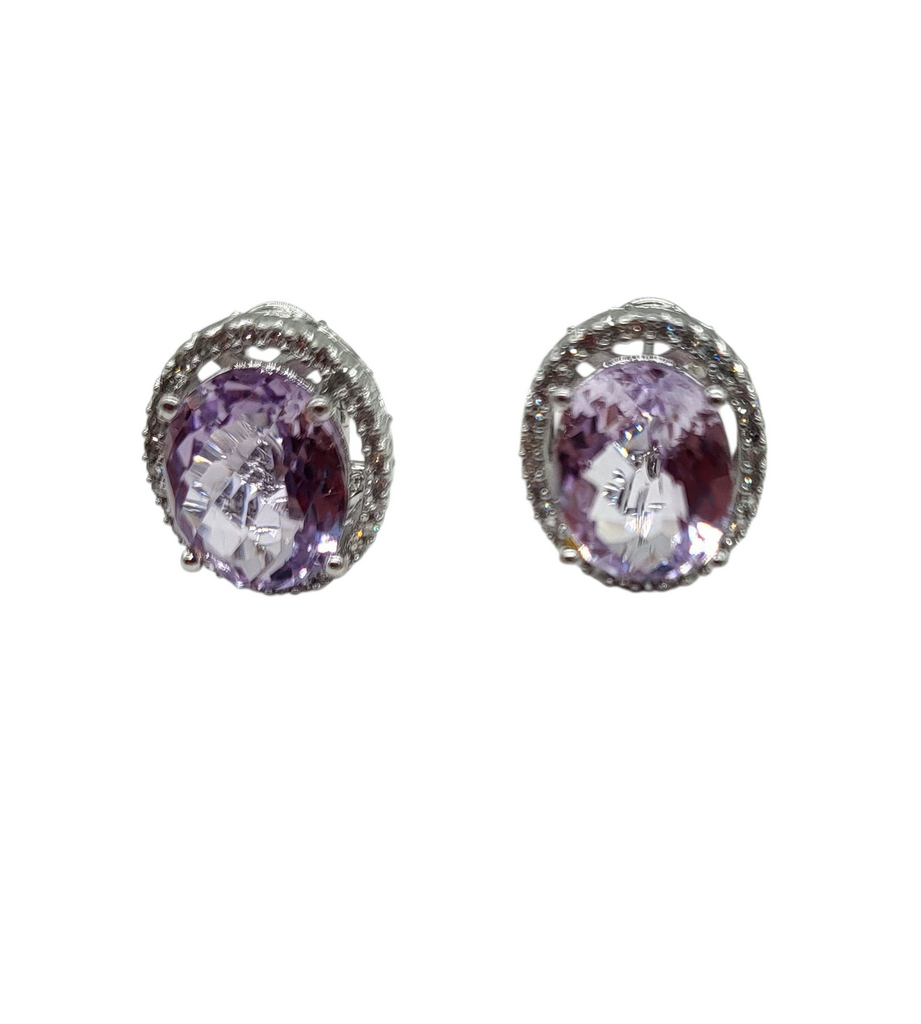 Pair of earrings with purple gemstones on a white background