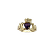 Gold ring with a heart-shaped purple gemstone on a white background