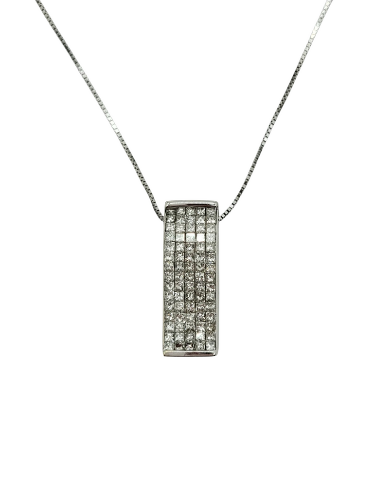 Silver necklace with a rectangular pendant on a white background