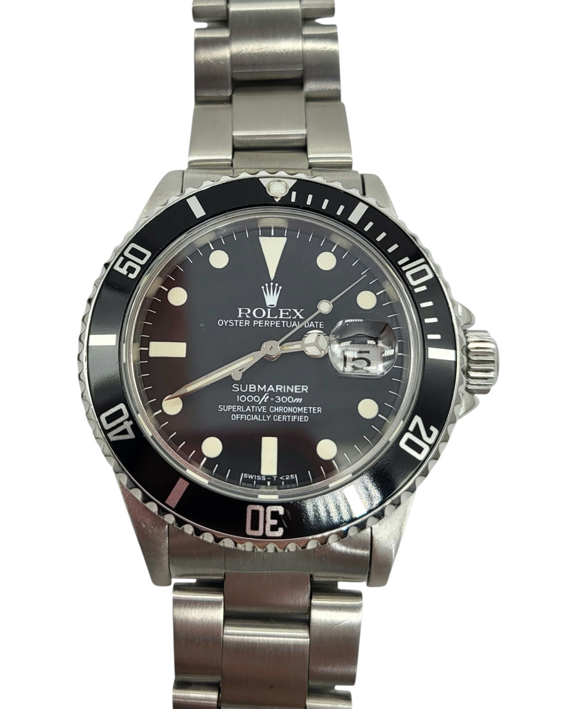 Rolex Submariner watch with black dial and silver metal bracelet on a white background