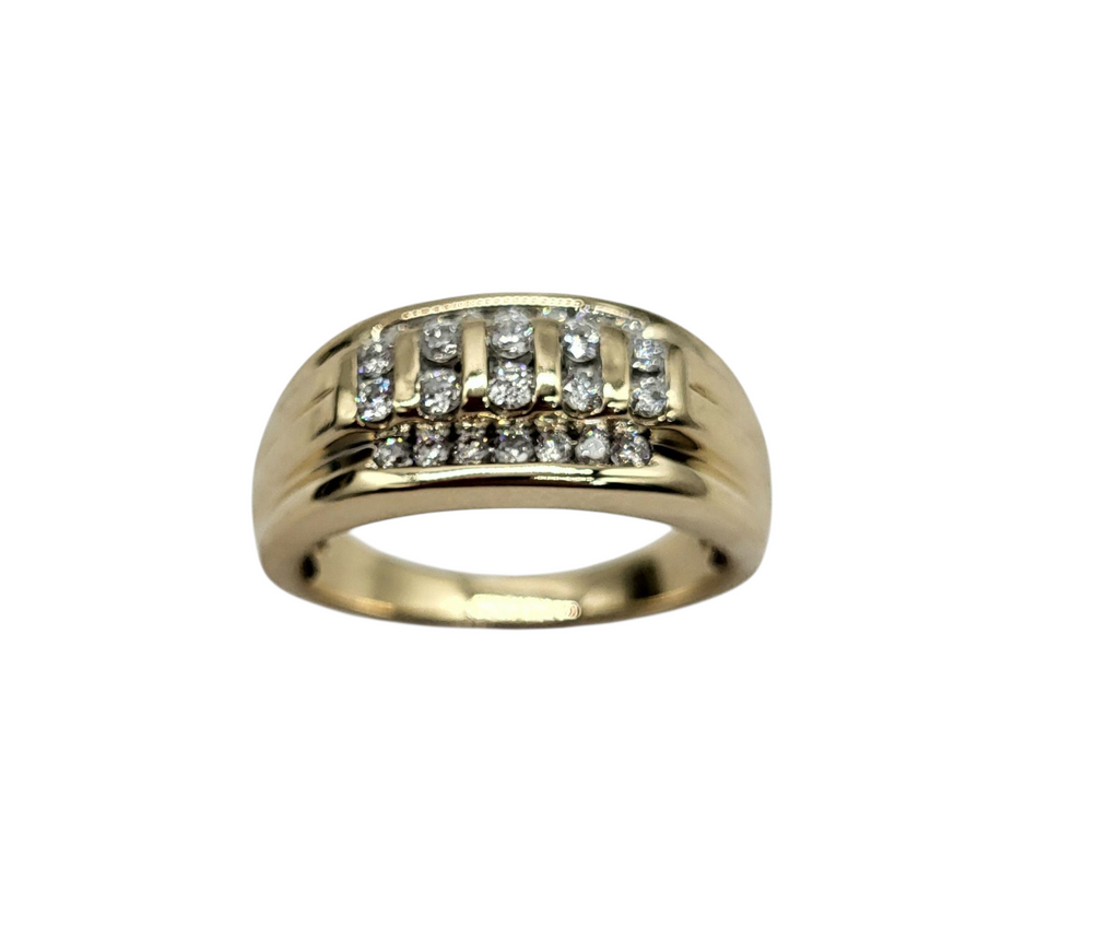 Gold ring with embedded diamonds on a white background