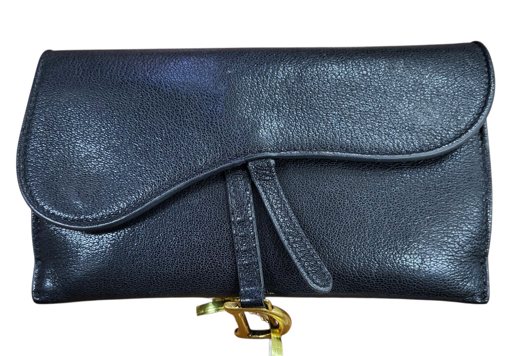 Black leather clutch bag with a gold clasp on a white background