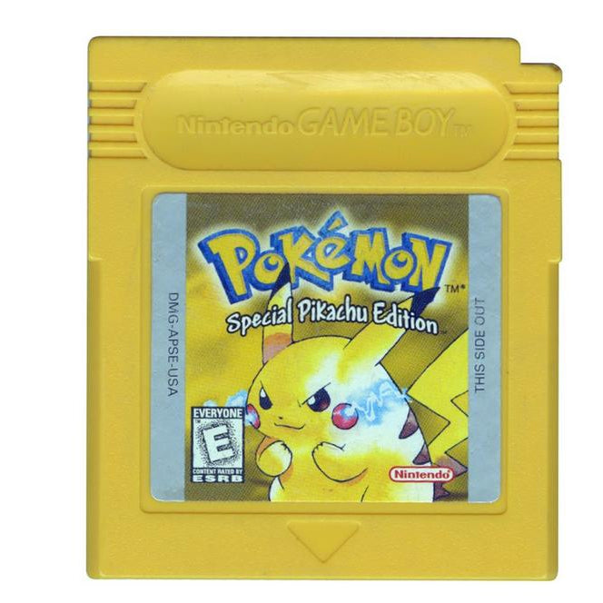 Yellow Game Boy cartridge with Pikachu on a white background