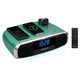 Studebaker HiFi Music System with Bluetooth, FM Radio, CD, and Qi Wireless Charging Station (SB5050) Green clock radio with phone and watch charging stations on a white background