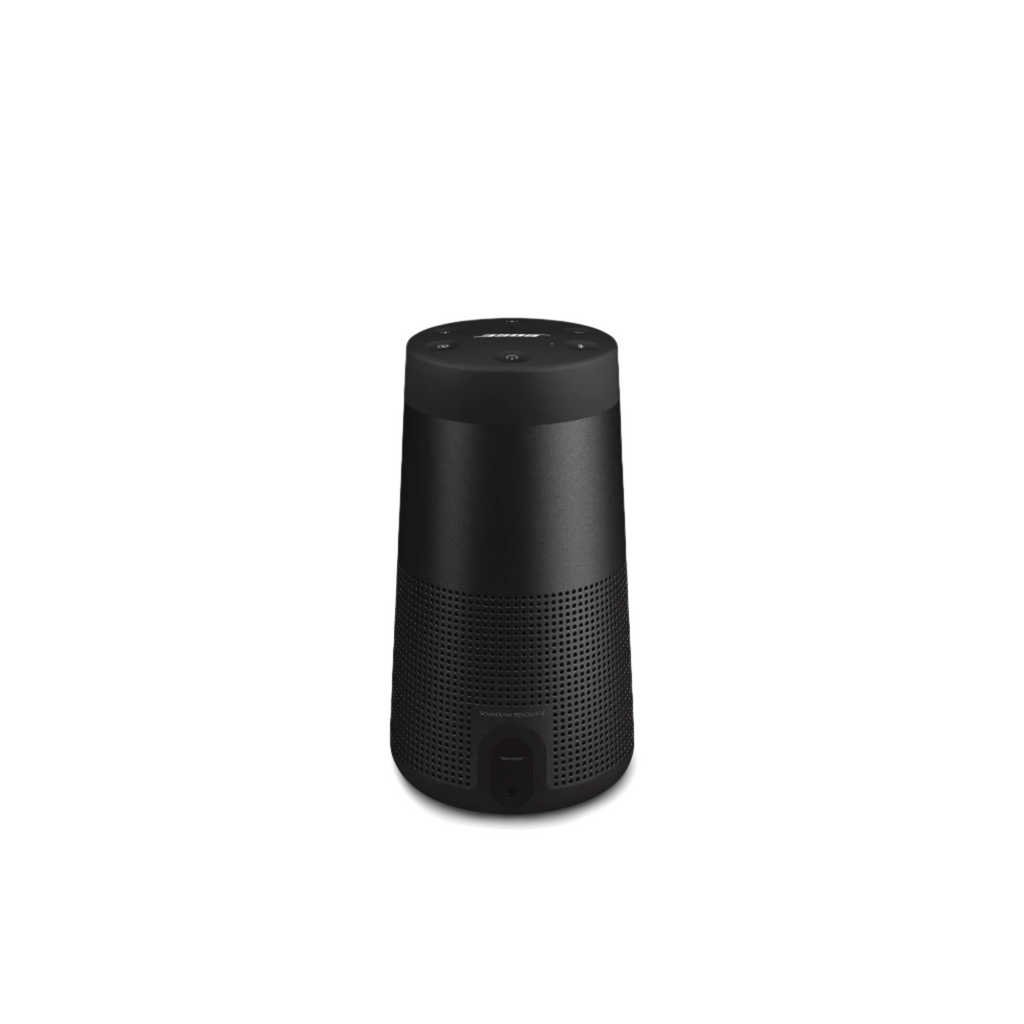 Bose SoundLink Revolve II Bluetooth speaker in black, featuring a cylindrical design with seamless grille and top-mounted controls.