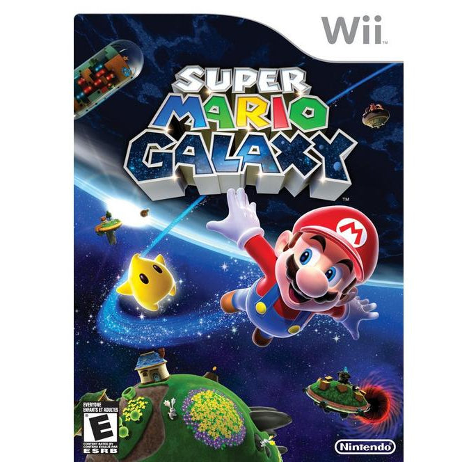 Super Mario Galaxy game cover for Wii with Mario in space-themed graphics