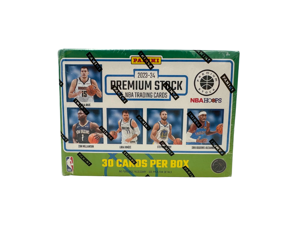 Box of 2023-24 NBA trading cards with player images on a white background