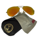 Aviator sunglasses with gold reflective lenses, case, and cleaning cloth on a white background