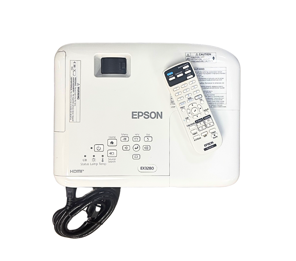 Epson projector with remote control on a white background