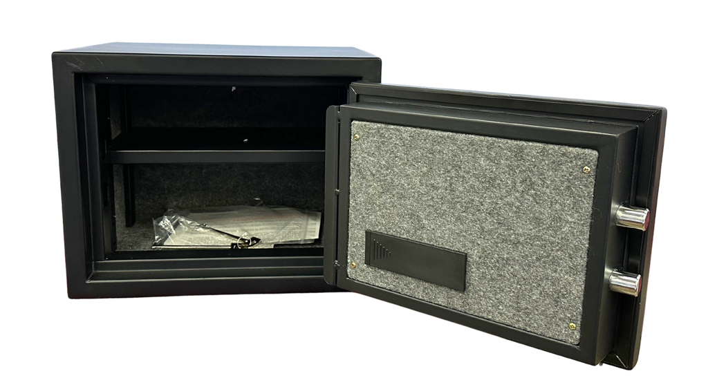 Black safe box with open door revealing interior and lock mechanism on a white background