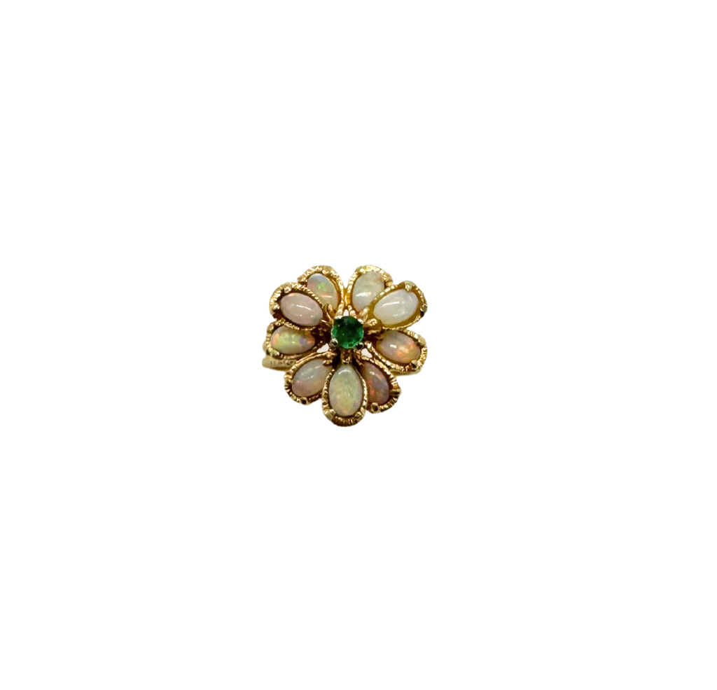 14K Yellow Gold Emerald & Opal Flower Ring