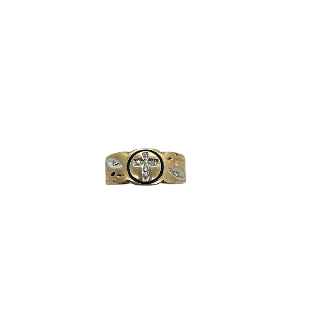Gold ring with a cross design on a white background