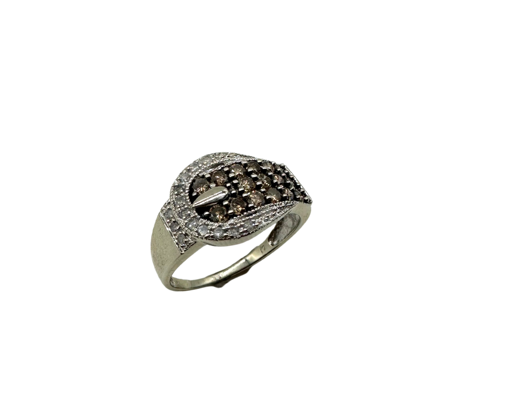 Silver ring with brown gemstones on a white background