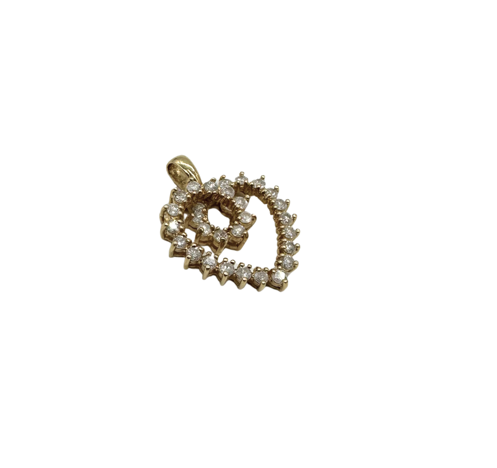 Gold heart-shaped pendant with diamonds on a white background