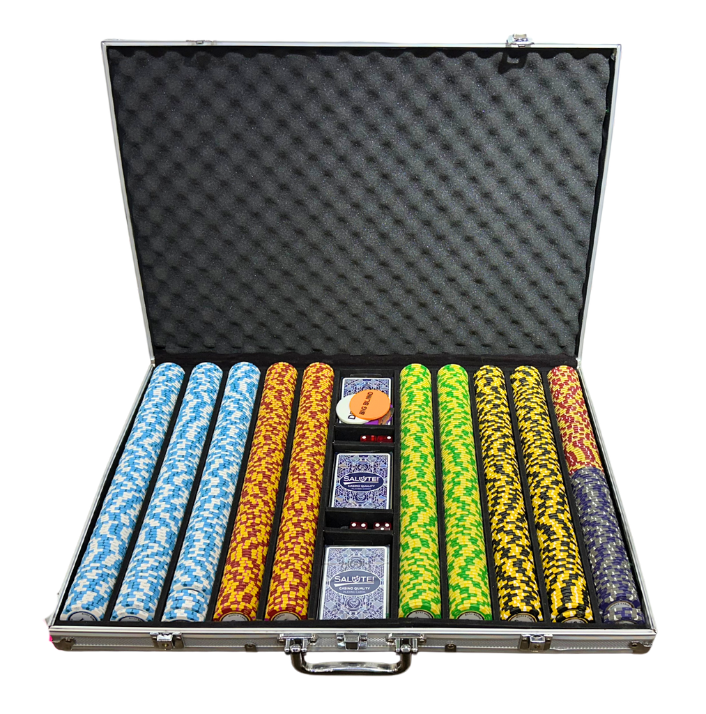 Poker chip set with colorful chips and cards in a black case on a white background