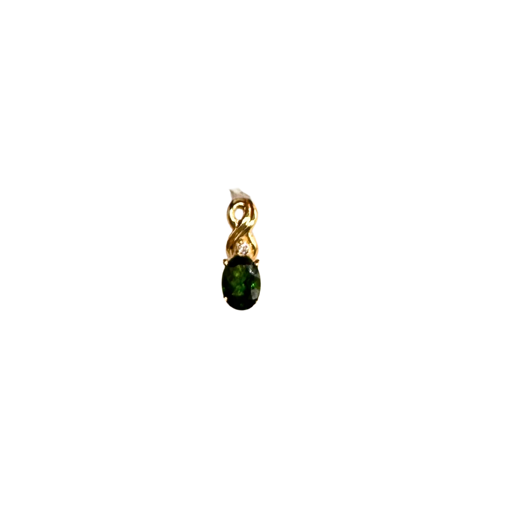 Gold pendant with a green gemstone on a white background