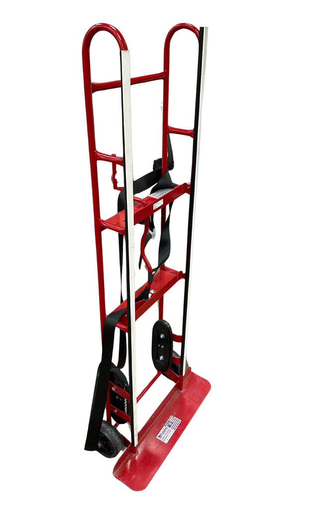 Red hand truck with multiple steps on a white background