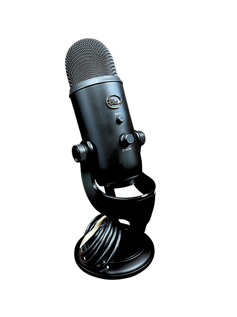 Black microphone with visible brand logo on a white background