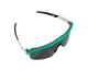 Sunglasses with teal frame and dark lenses on a white background