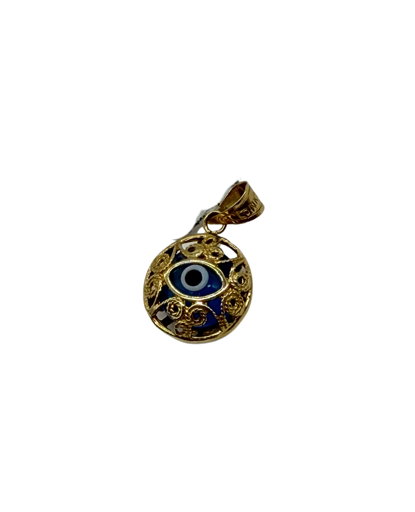 Gold pendant with blue eye design on a white background