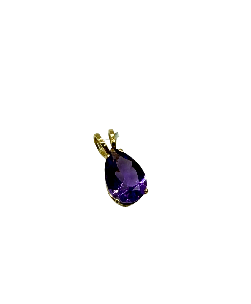 Purple teardrop pendant on a gold chain against a white background