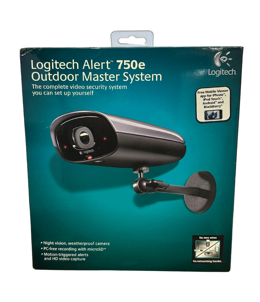 Logitech Alert 750e outdoor security system packaging on a white background