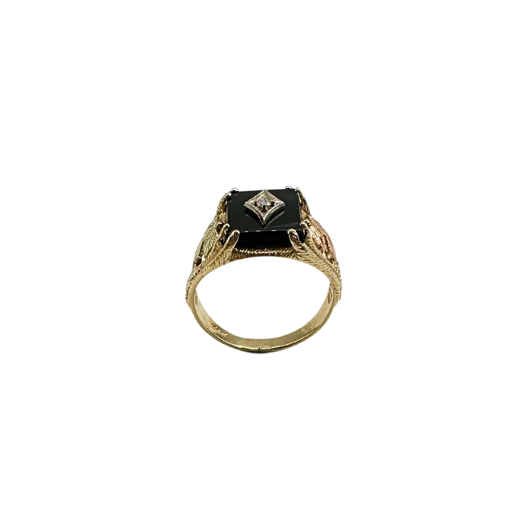 10K Tri-Color Black Hills Gold Onyx Ring with Diamond Accent under