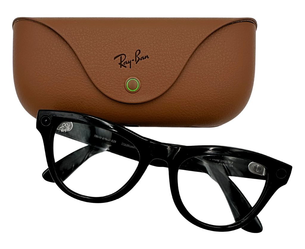 Black eyeglasses with a brown Ray-Ban case on a white background