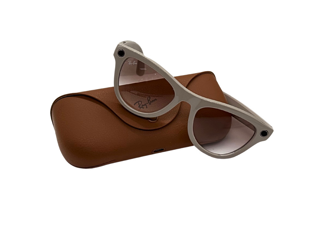Sunglasses with a brown case on a white background