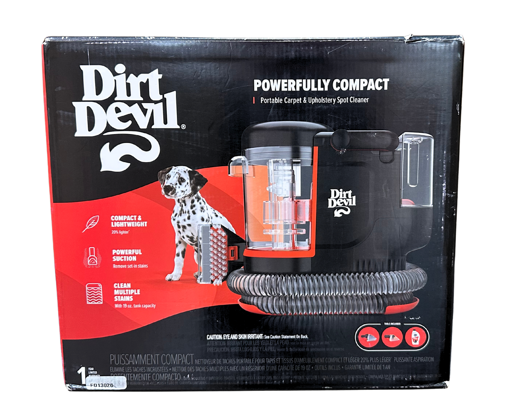 Dirt Devil portable carpet and upholstery spot cleaner packaging with a Dalmatian dog illustration.