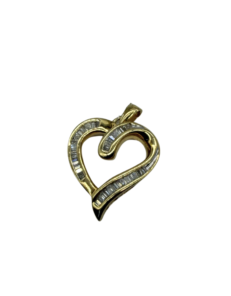 Gold heart-shaped pendant with embedded stones on a white background