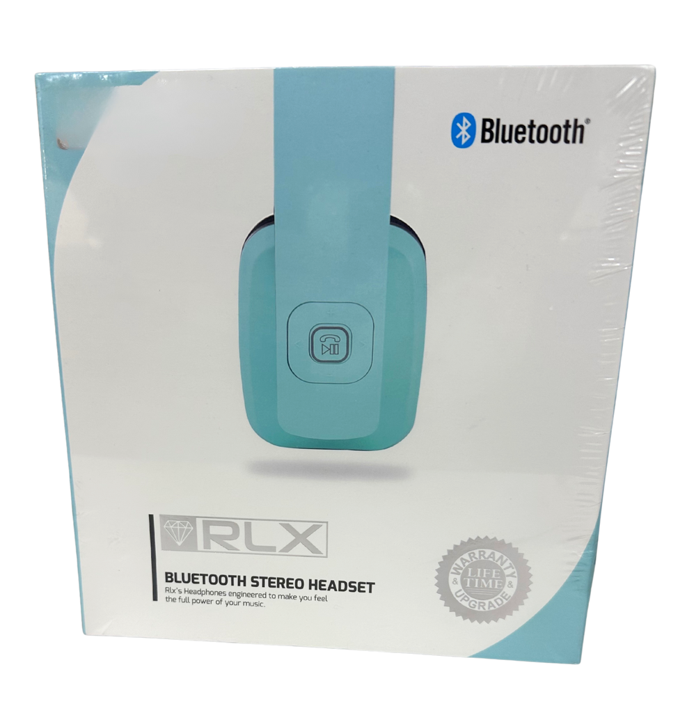 Packaging of RLX Bluetooth stereo headset with blue headphones on a white background