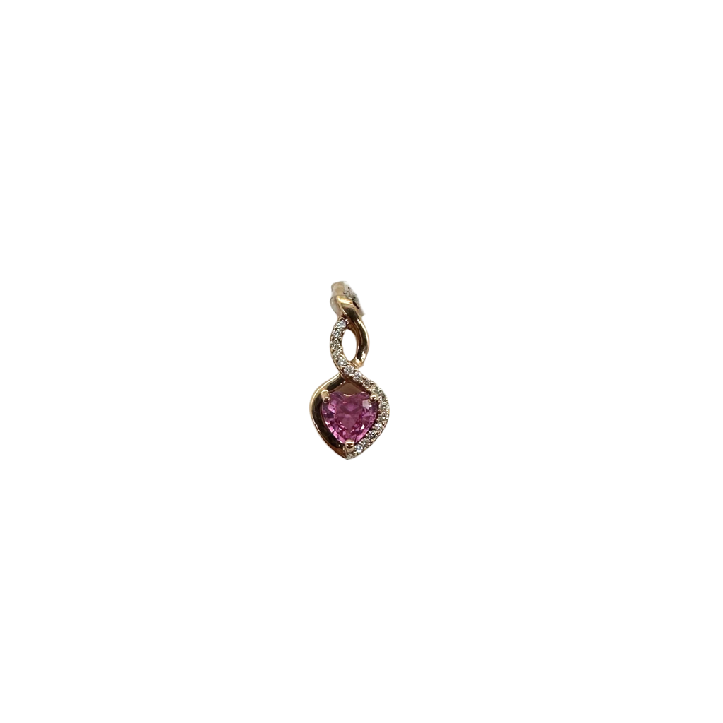 Gold pendant with a pink gemstone on a white background