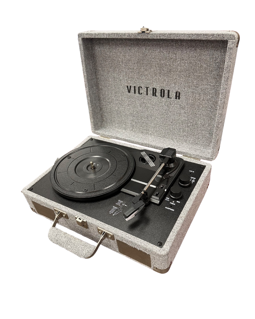 Vintage-style Victrola record player with textured gray case on a white background
