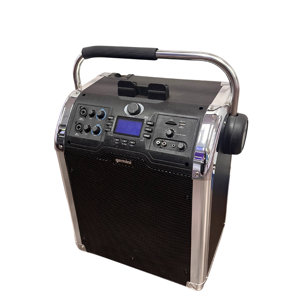 Portable sound system with a handle on a white background