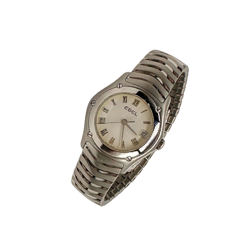 Silver watch with a white face on a white background
