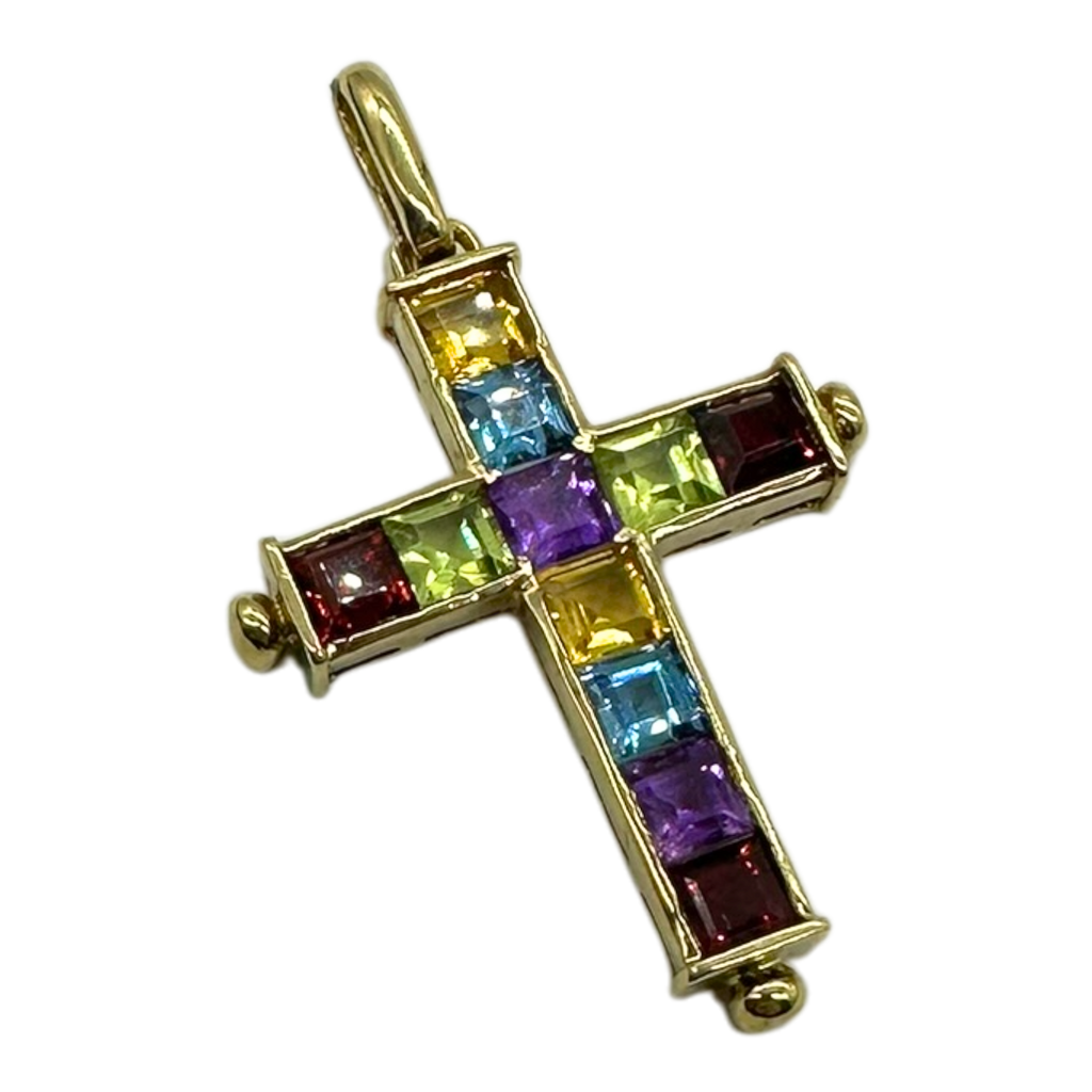 14k Yellow Gold Multi-Color Cross Pendant