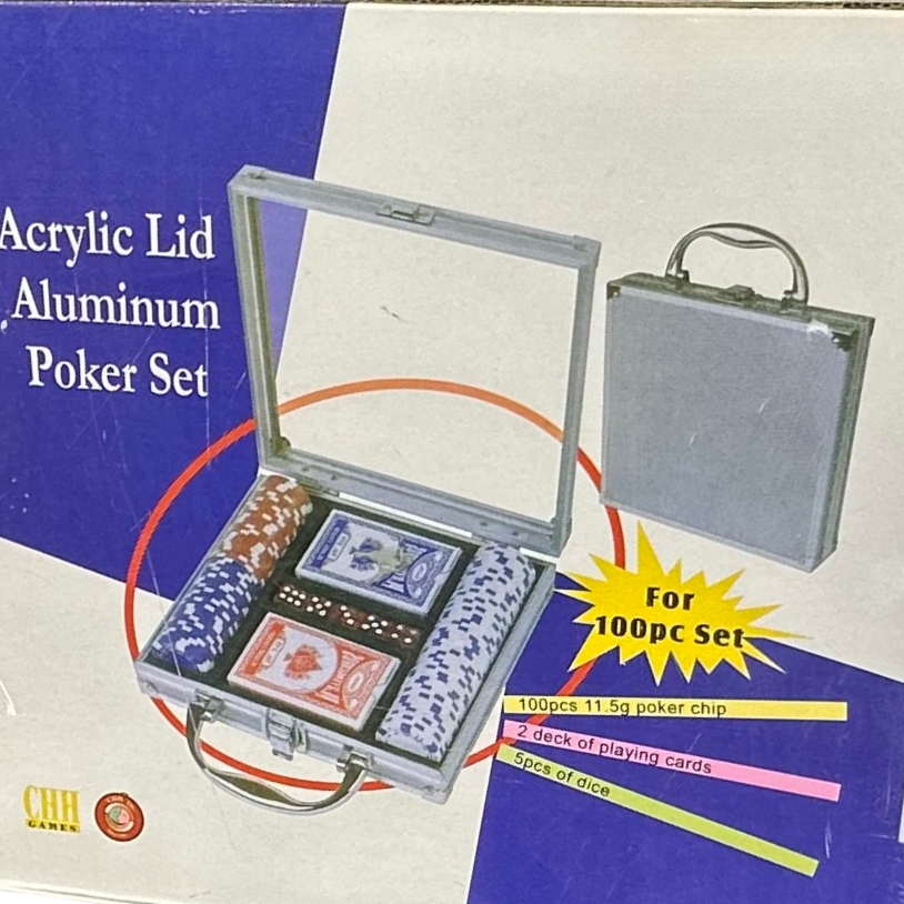 Poker set with acrylic lid and aluminum case on a promotional background