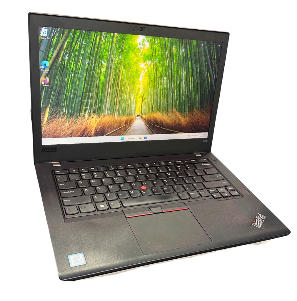 Laptop with a scenic bamboo forest wallpaper on a white background