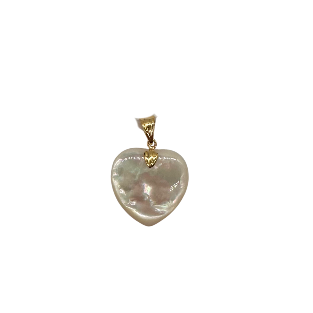 Heart-shaped pearl pendant with gold chain on a white background