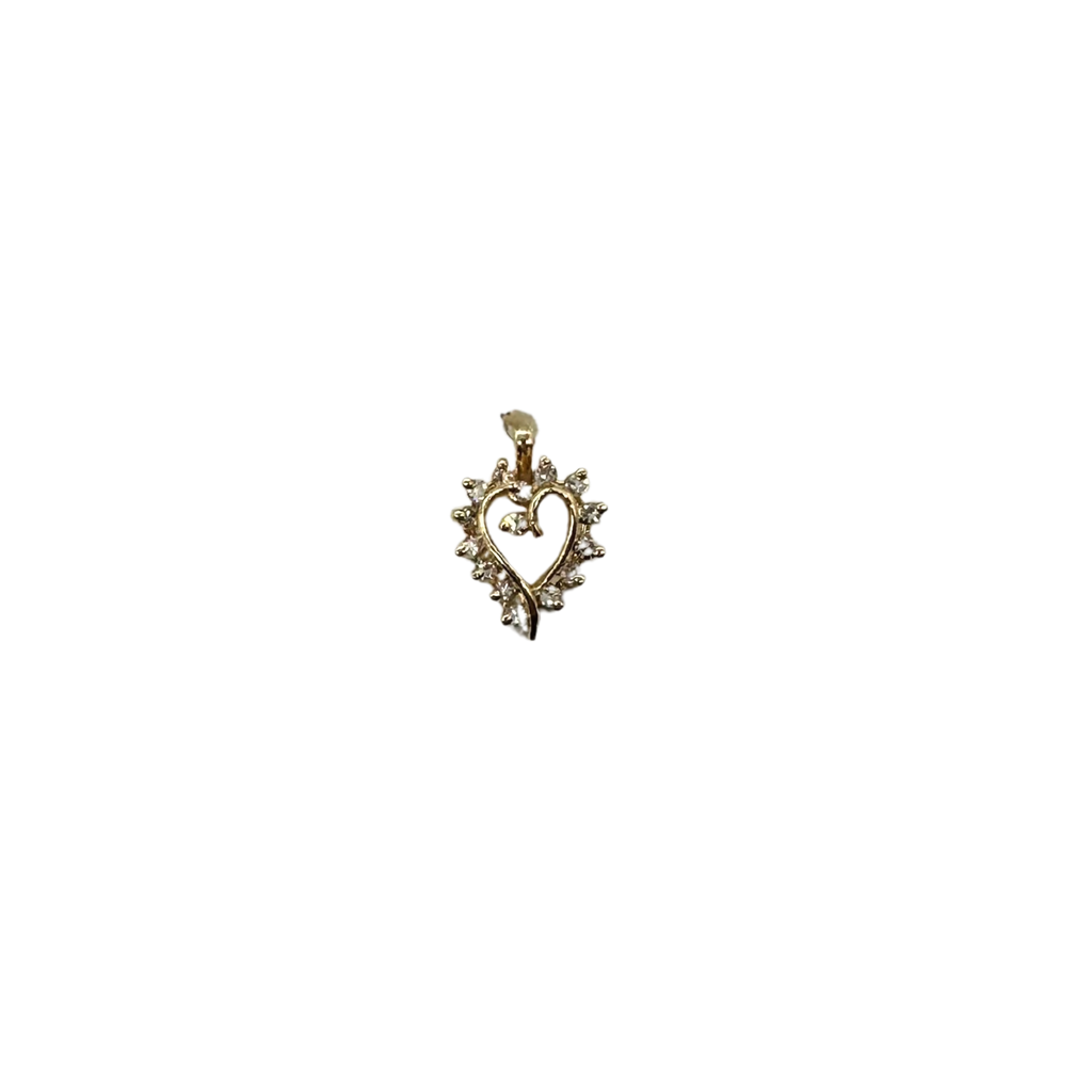 Gold heart-shaped pendant with small stones on a white background